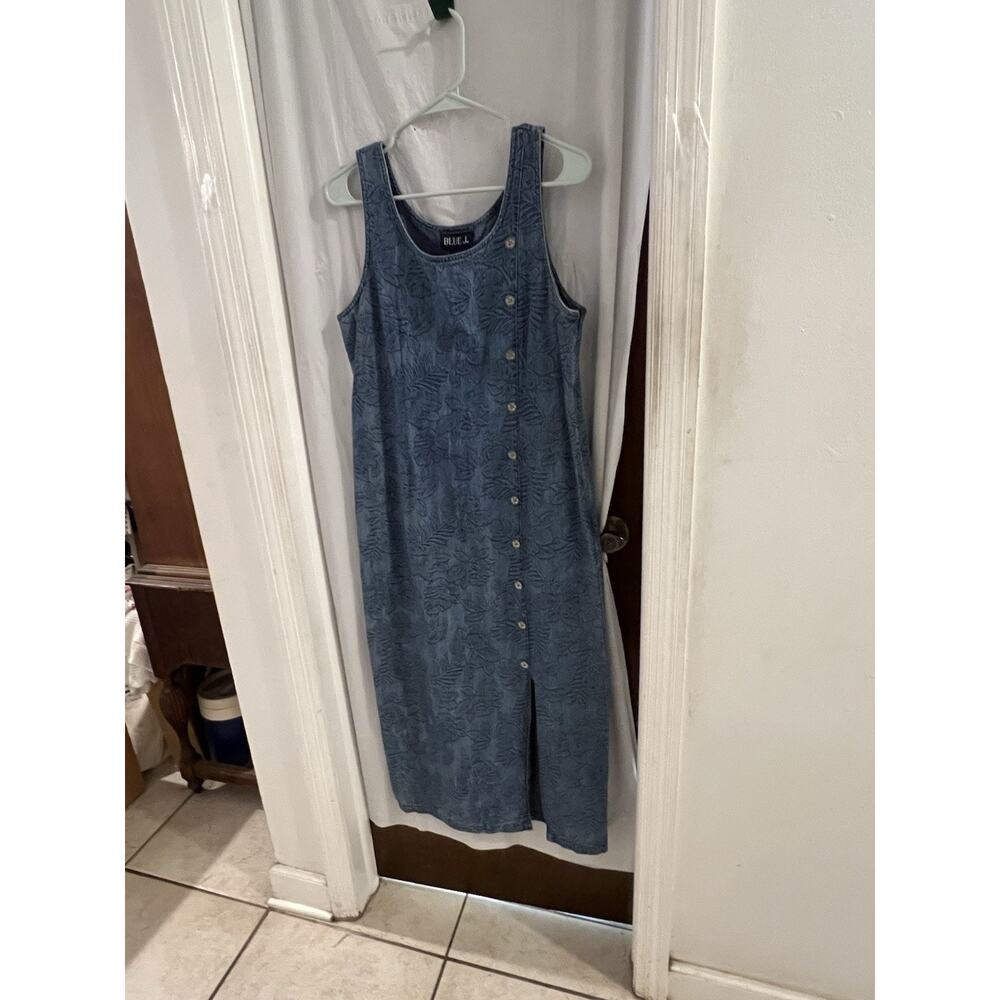 Blue J Denim Floral Pattern Overall Jumper Maxi Dress Sz M Front Slit